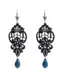 Boucles d'oreilles pendantes gouttes bleu pétrôle et dentelle noires -  dormeuses argentées