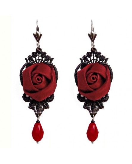 Boucles d'oreilles en dentelle noire, fleurs et gouttes rouge