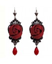 Boucles d'oreilles en dentelle noire, fleurs et gouttes rouge