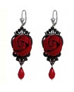 Boucles d'oreilles en dentelle noire, fleurs et gouttes rouge