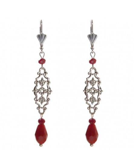 Boucles d'oreilles pendantes baroque rouge sombre et argenté