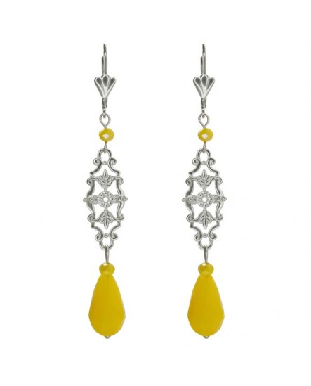 Boucles d'oreilles pendantes baroque argentées avec une goutte rouge sombre