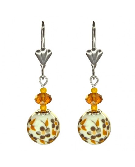 boucles oreilles dormeuses porcelaine fleurs marron jaune