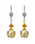 Boucles d'oreilles dormeuses classiques - fleurs marron et jaune moutarde sur porcelaine