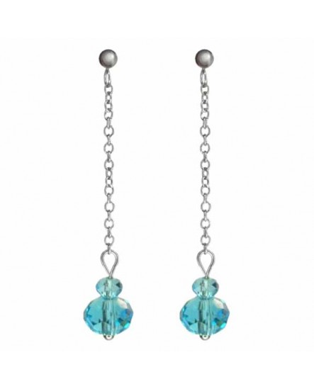 Boucles d'oreilles puces pendante minimaliste, chaînette fine argentée et perles à facettes bleu