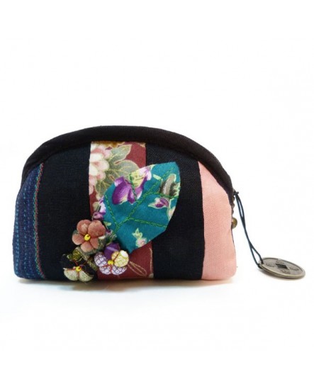 Porte monnaie noir à fleurs en tissu
