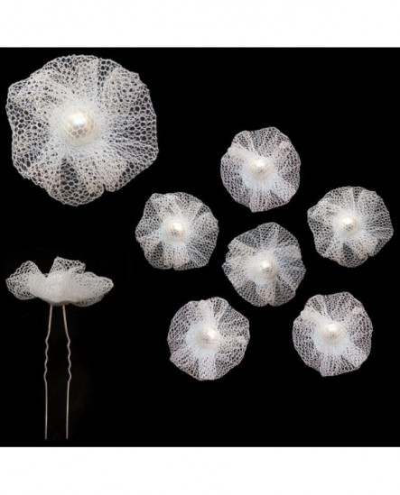 Lot de 6 épingles – Fleur en tulle et perle blanche