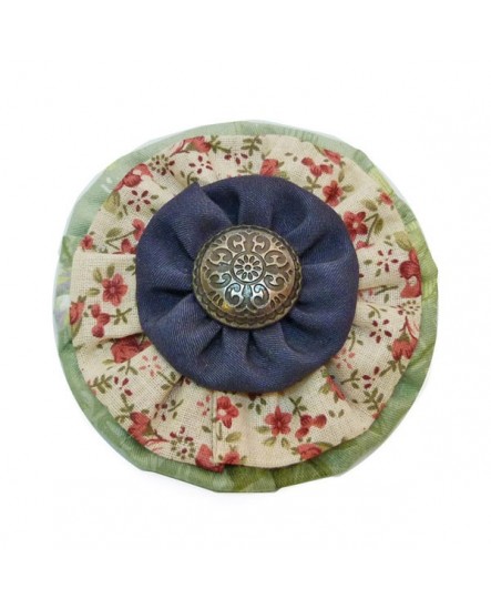 Rond Multicolore Coton Bleu,  Beige à Fleurs Rouge Et Vert  ( Pince à cheveux )