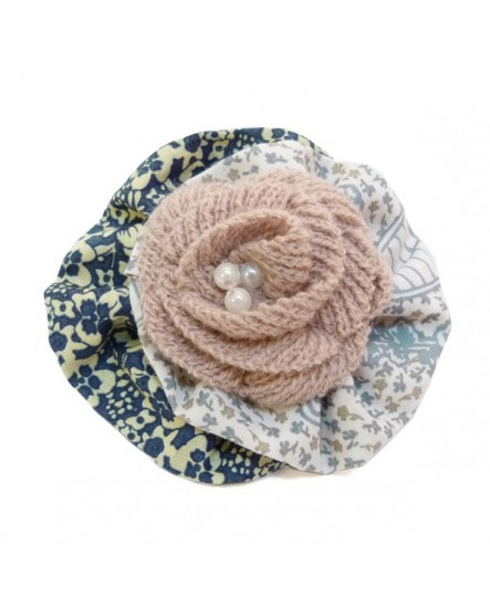 Ronde Coton Motifs Floral Bleu Beige Tricot Rose Pâle ( Barrette )
