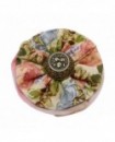 Chouchou rond à motifs floraux, tons Rose Vert Bleu.