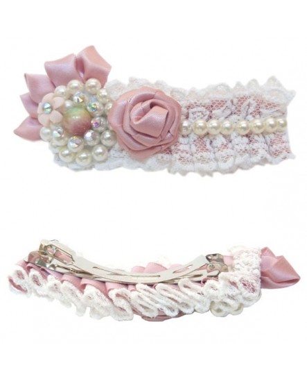 Dentelle Blanche et Satin Rose ( Barrette )
